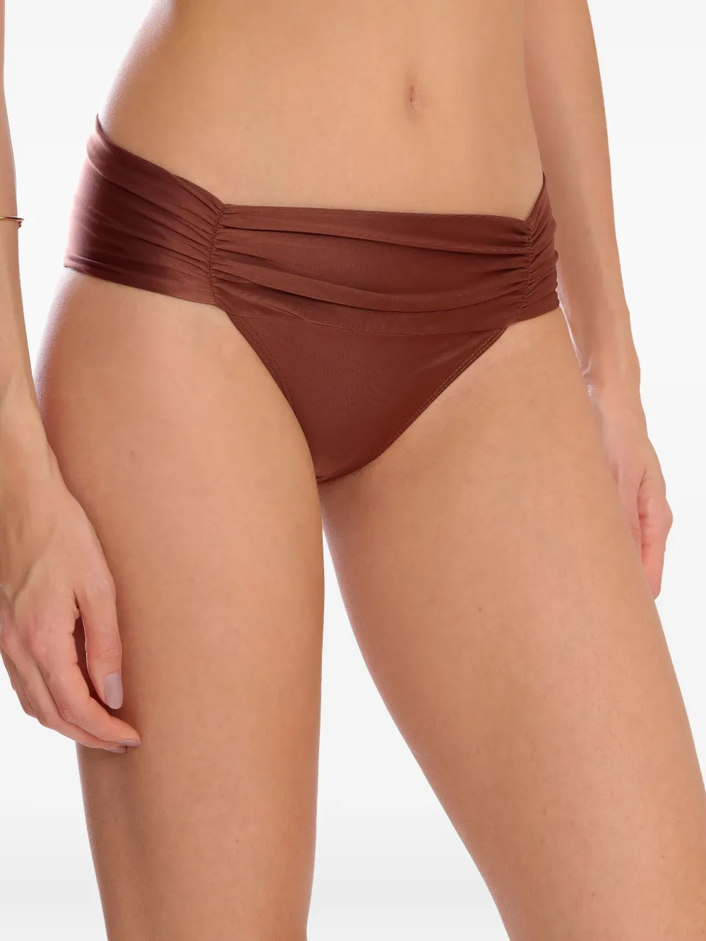 Lygia & Nanny Jasper Ruched High-waisted Bikini Bottoms In Brown