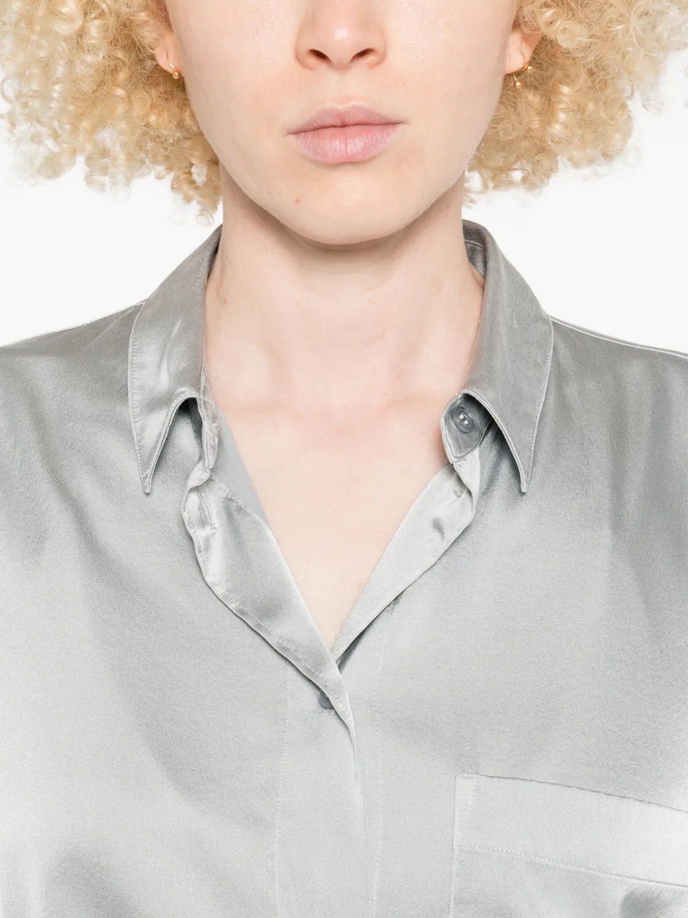 Forte Forte Long Sleeve Satin Top Featuring Pocket In Silver
