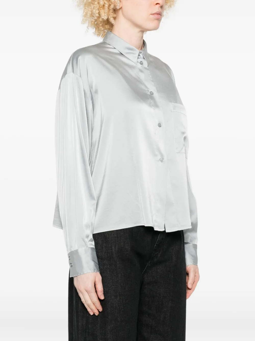 Forte Forte Long Sleeve Satin Top Featuring Pocket In Silver