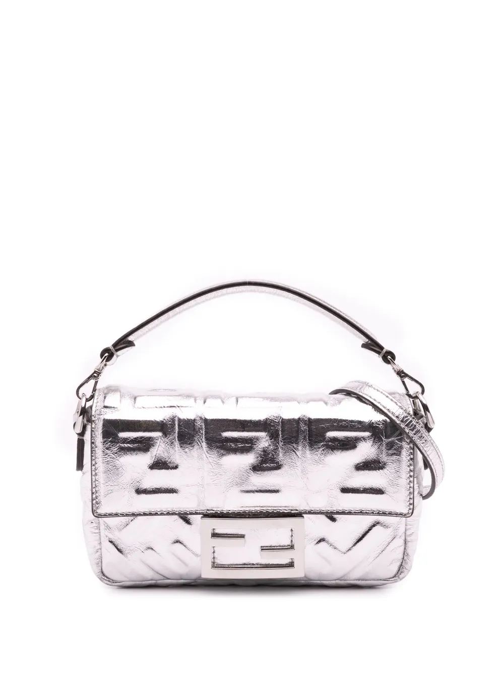 Pre-owned Fendi 2010-2025 Mini Zucca Embossed Metallic Leather Baguette Satchel In Silver