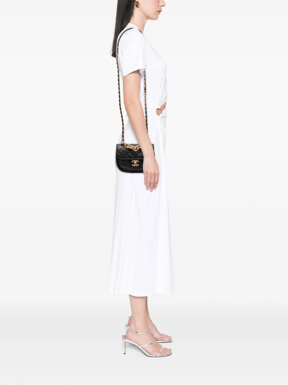 Pre-owned Chanel 2021-2025 Mini Cc Quilted Calfskin Round Moon Messenger Flap Crossbody Bag In Black