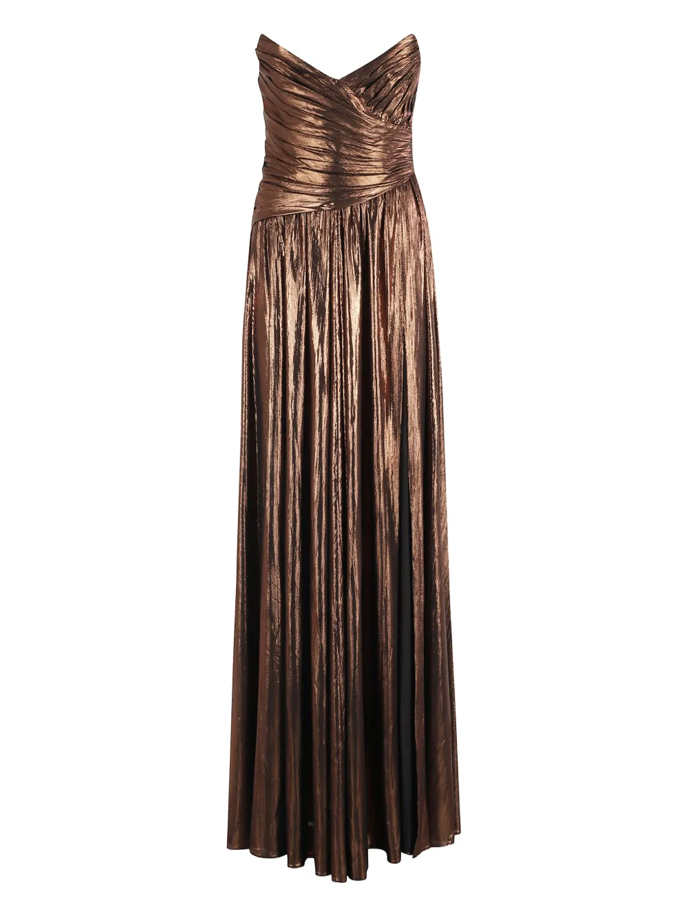 Retroféte Retrofete Waldorf Strapless Metallic Ruched Side-slit A-line Gown In Brown