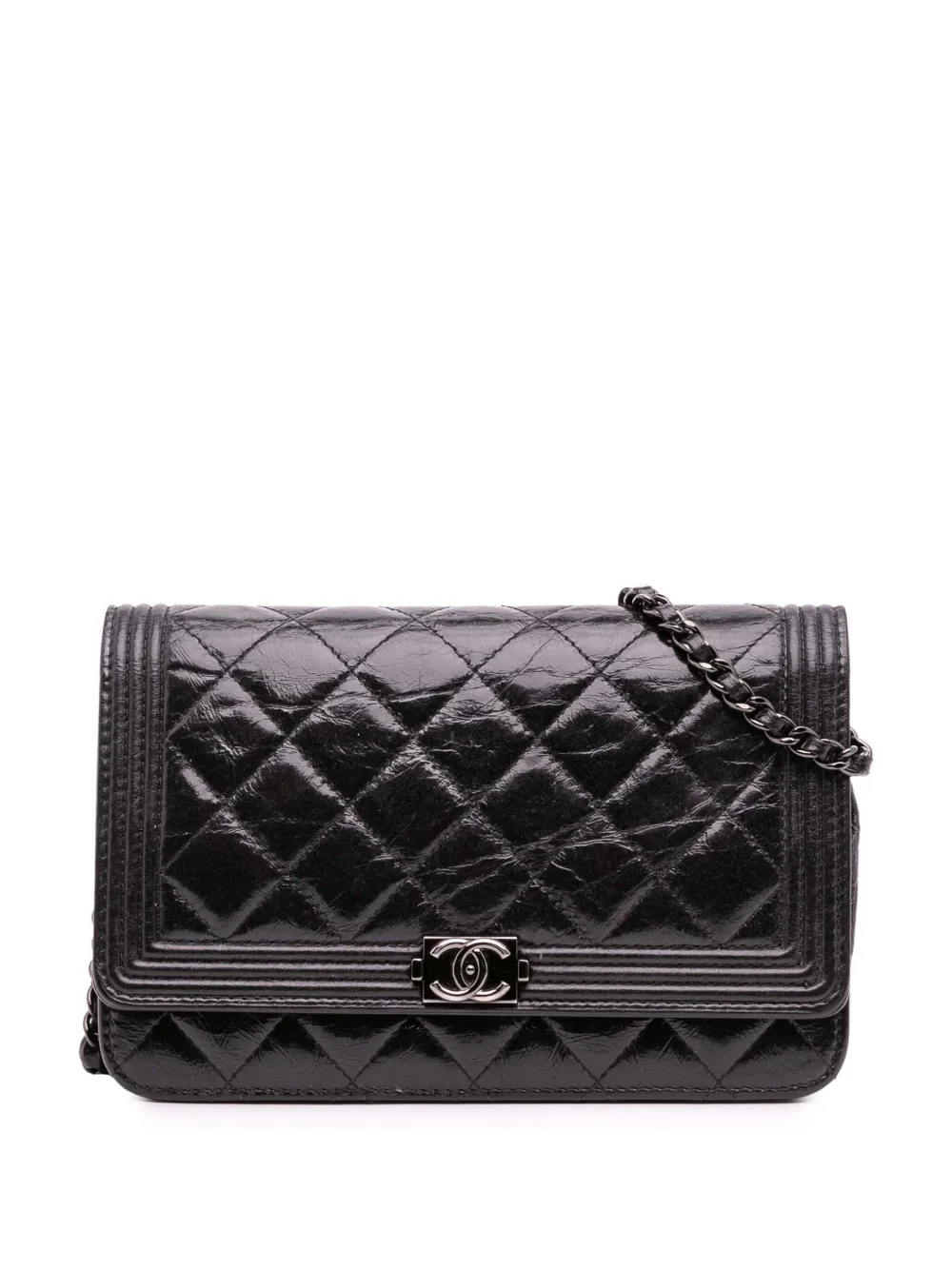 CHANEL Pre-Owned 2014 Quilted Shiny Aged Calfskin Boy Wallet On Chain crossbody bag | Black | Image 1
