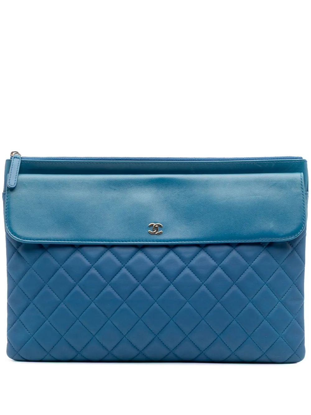 Pre-owned Chanel 2016-2017 Large Quilted Lambskin Flap O Case Clutch Bag In Blue