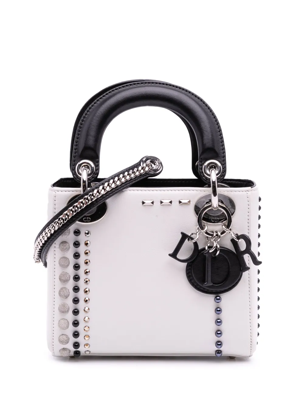 Pre-owned Dior 2015 Mini Studded Lambskin Crystal Pearl Lady  Satchel In White