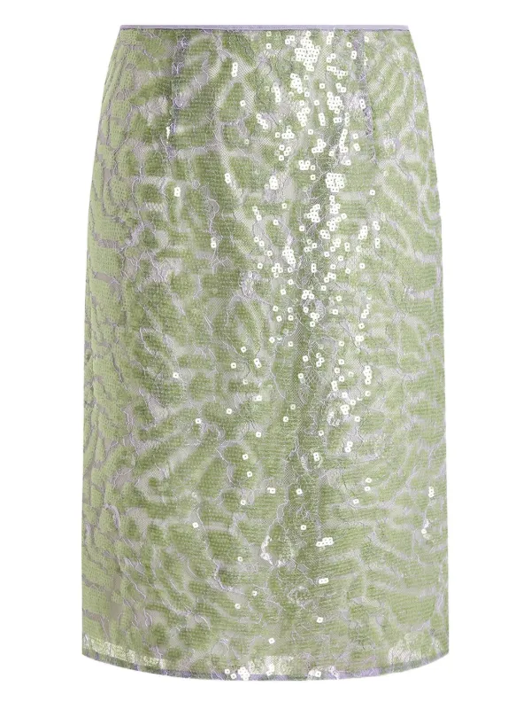 16Arlington Elice Lace Sequinned Midi Skirt in Green