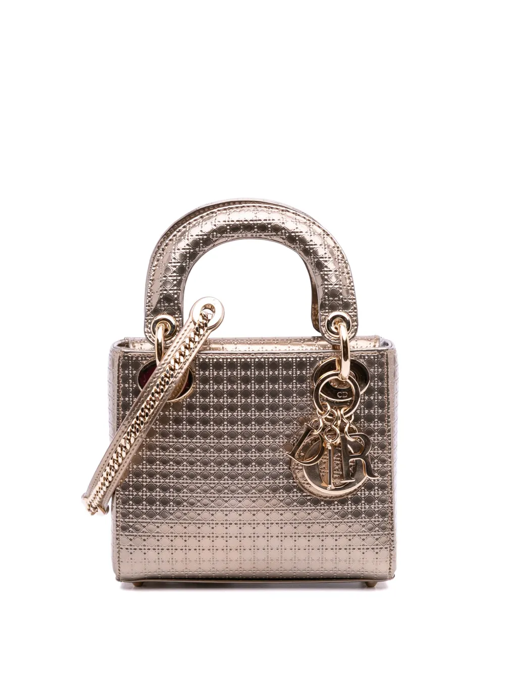 Pre-owned Dior 2017 Mini Metallic Patent Microcannage Lady  Satchel In Gold