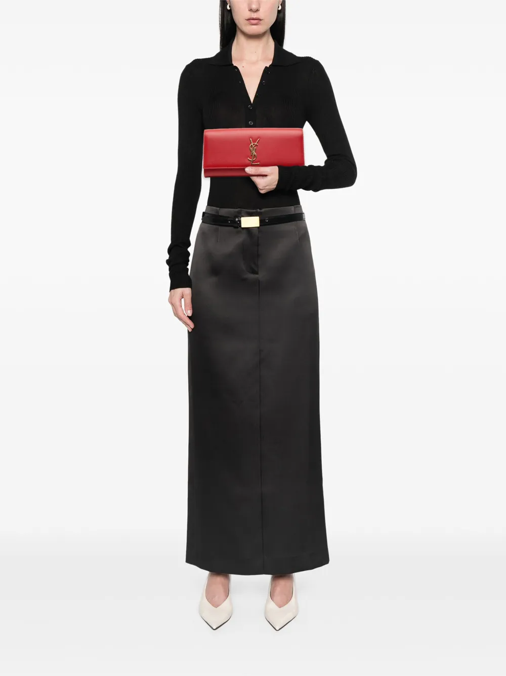 Pre-owned Saint Laurent 2014 Grain De Poudre Monogram Cassandre Clutch Bag In Red