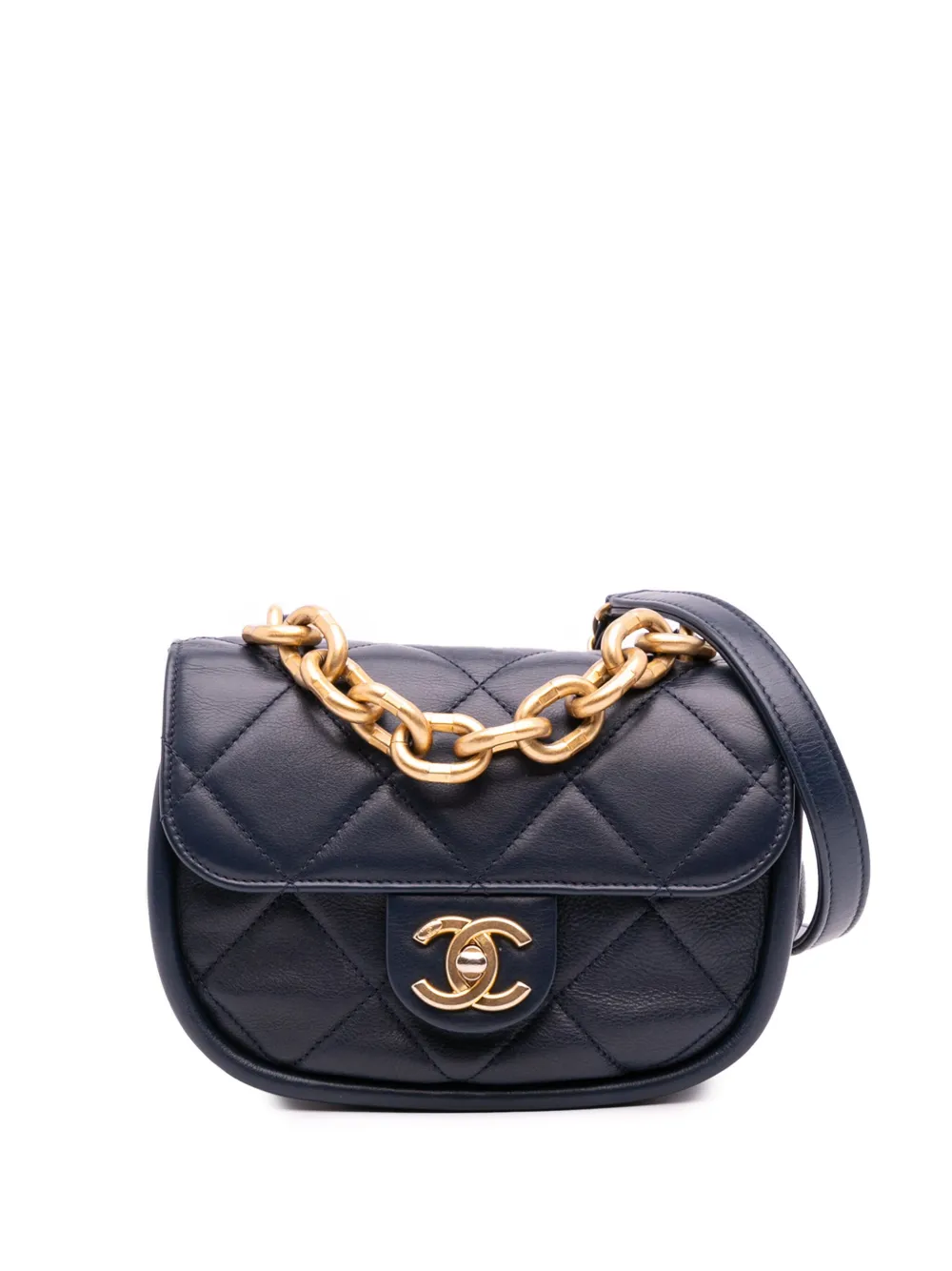 CHANEL Pre-Owned 2021-2025 Mini CC Quilted Calfskin Round Moon Messenger Flap satchel | Blue | Image 1