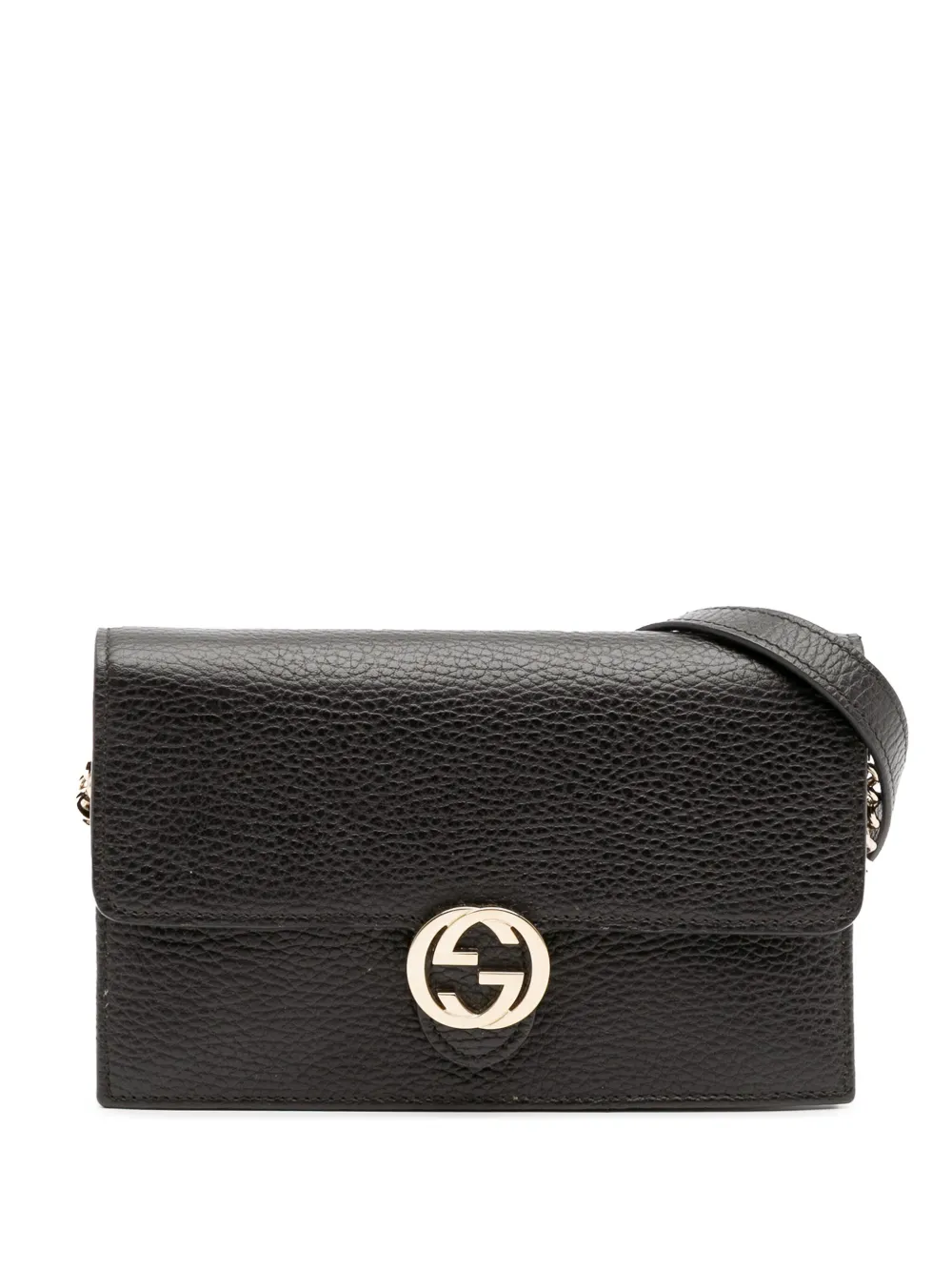Pre-owned Gucci 2000-2015 Leather Interlocking G Dollar Wallet On Chain Crossbody Bag In Black