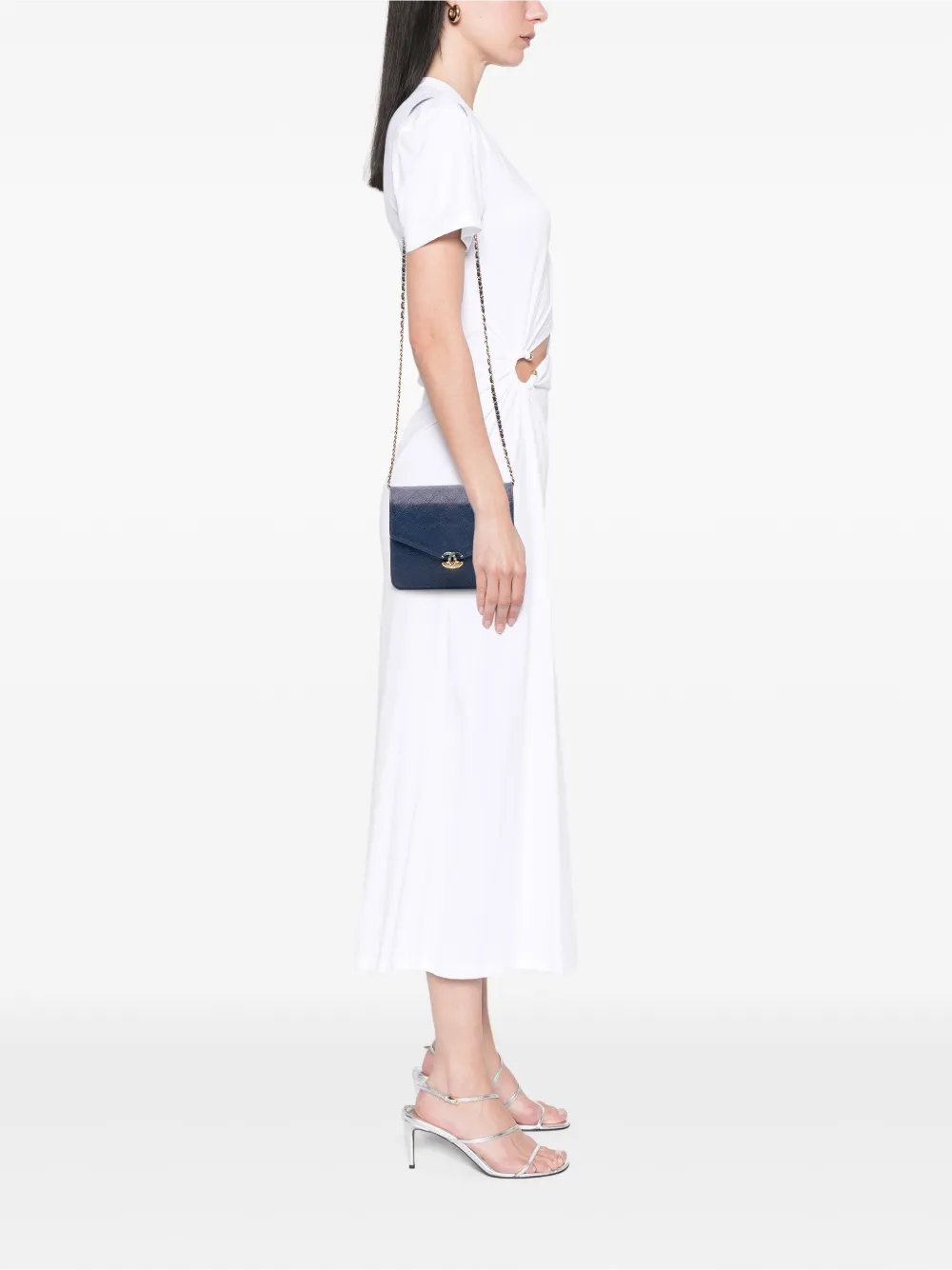 Pre-owned Chanel 2018 Square Quilted Grained Calfskin Cuba Thread Around Wallet On Chain Crossbody Bag In Blue