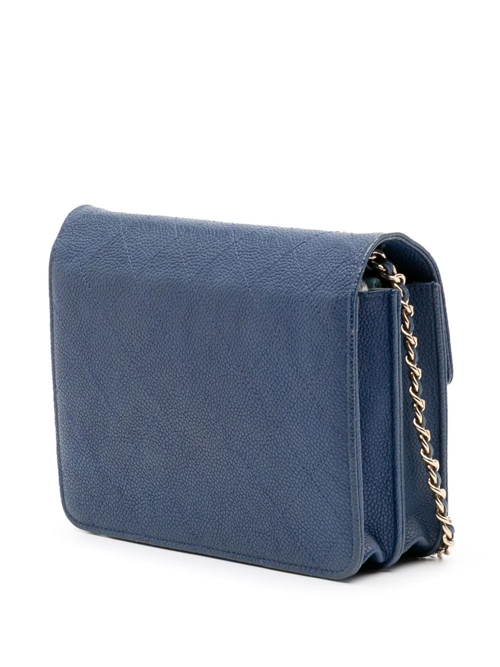 Pre-owned Chanel 2018 Square Quilted Grained Calfskin Cuba Thread Around Wallet On Chain Crossbody Bag In Blue