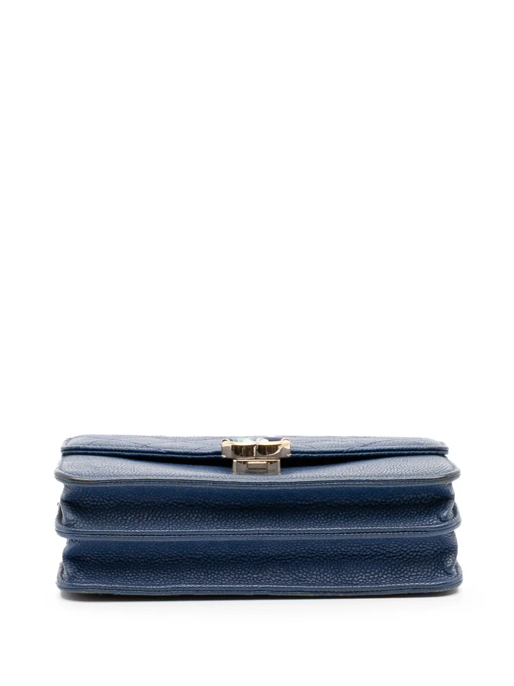 Pre-owned Chanel 2018 Square Quilted Grained Calfskin Cuba Thread Around Wallet On Chain Crossbody Bag In Blue