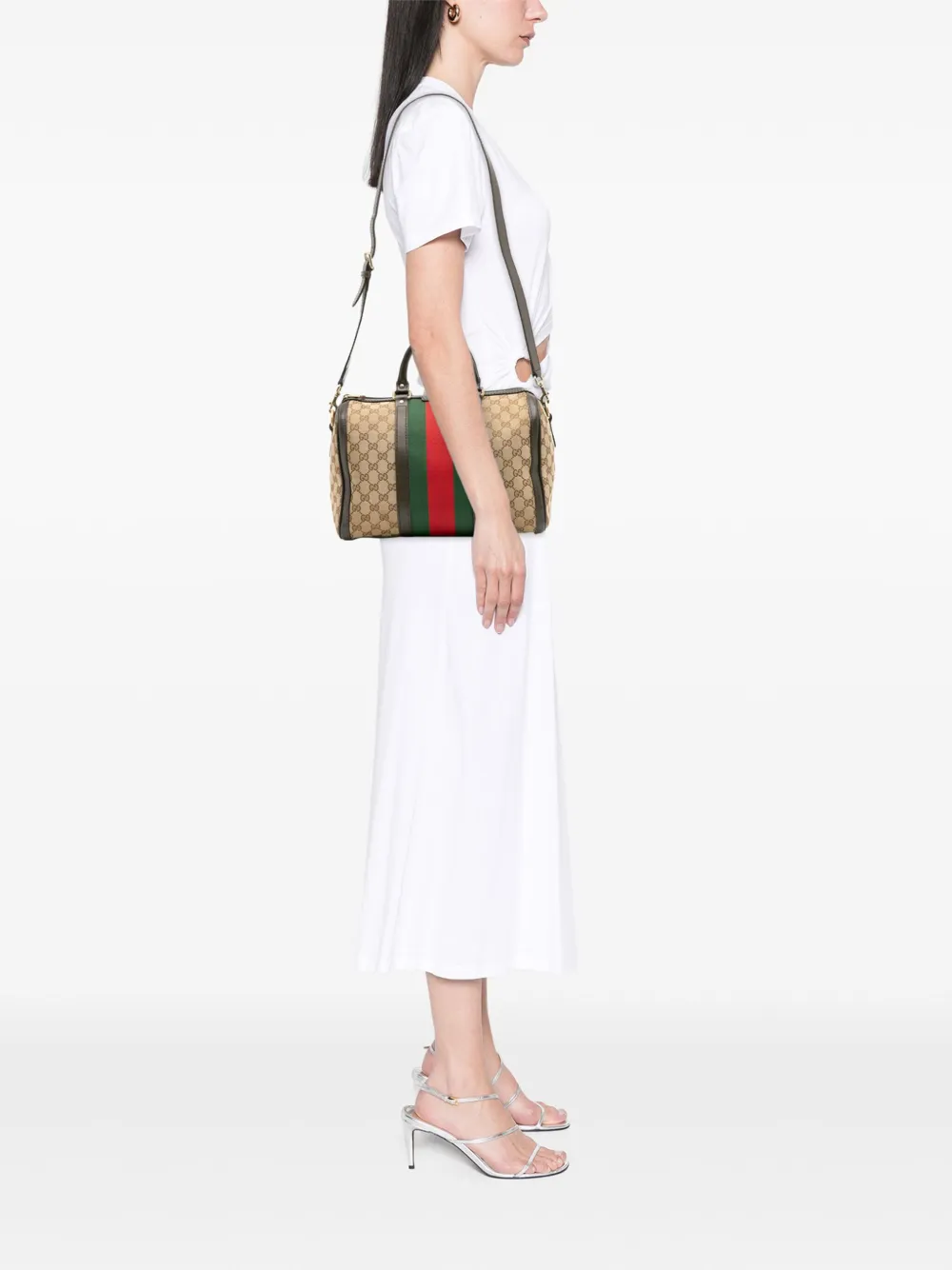 Pre-owned Gucci 2016-2025 Medium Gg Canvas Web Joy Boston Bag Satchel In Brown