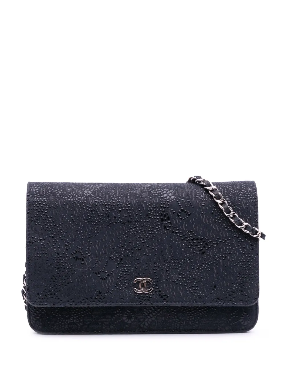 CHANEL Pre-Owned 2013-2014 レースオーバーレイ ゴートスキン ウォレットオンチェーン ショルダーバッグ - ブルー CHANEL Pre-Owned 2013-2014 レースオーバーレイ ゴートスキン ウォレットオンチェーン ショルダーバッグ - ブルー