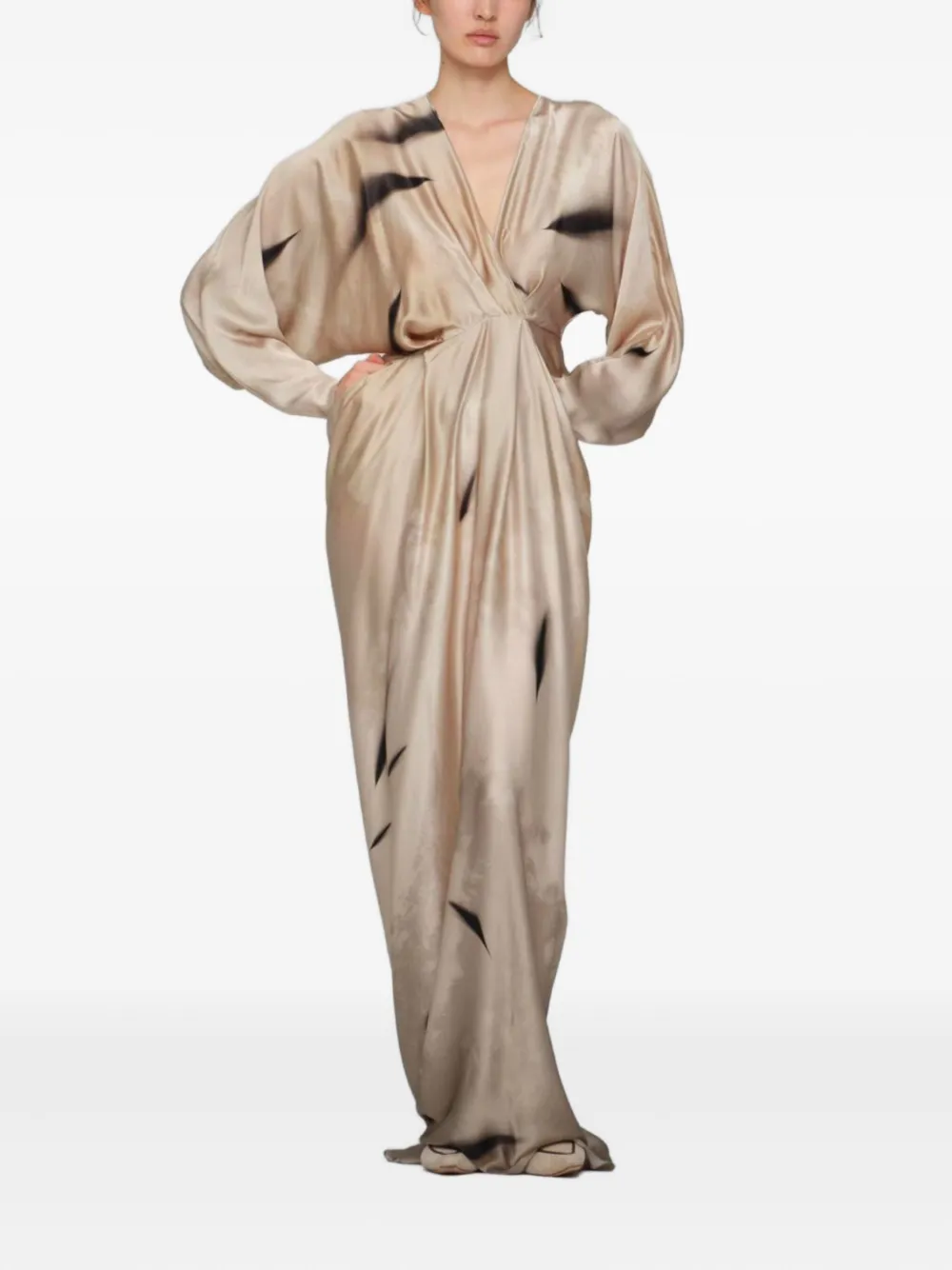 YANGKEHAN draped print silk maxi evening dress - Beige