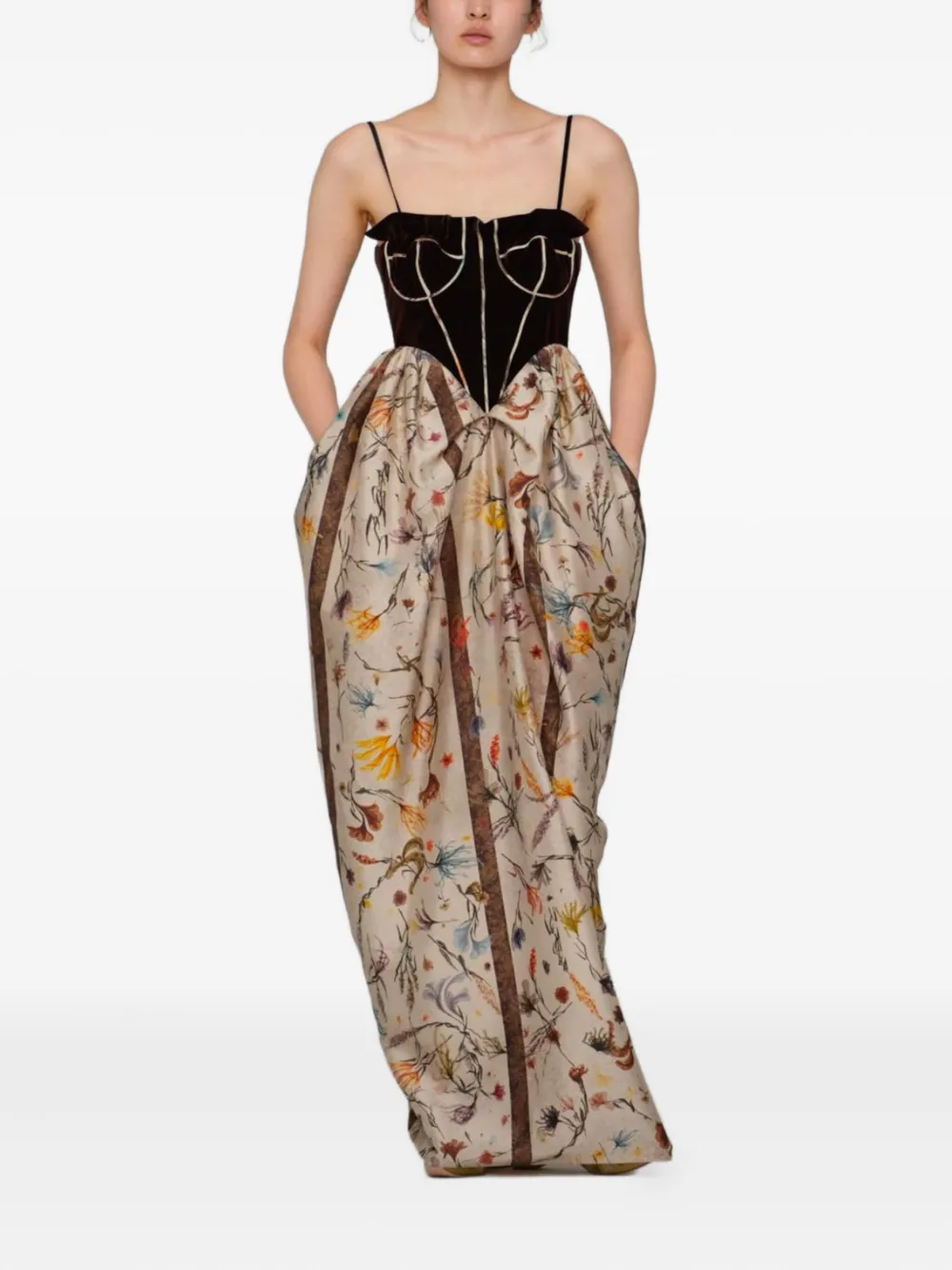 YANGKEHAN corset floral-print maxi dress - Beige