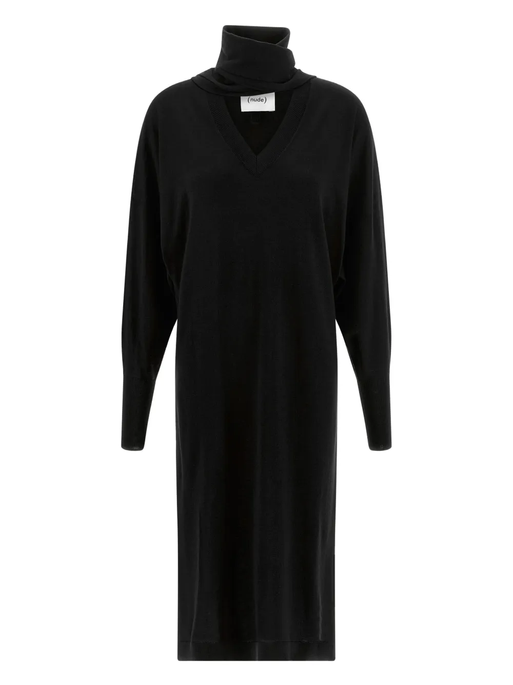 Nude Light Wool Knit Midi Dress With V-neck In Black