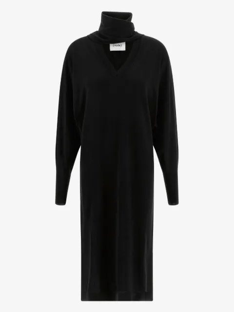 Nude turtleneck scarf midi dress