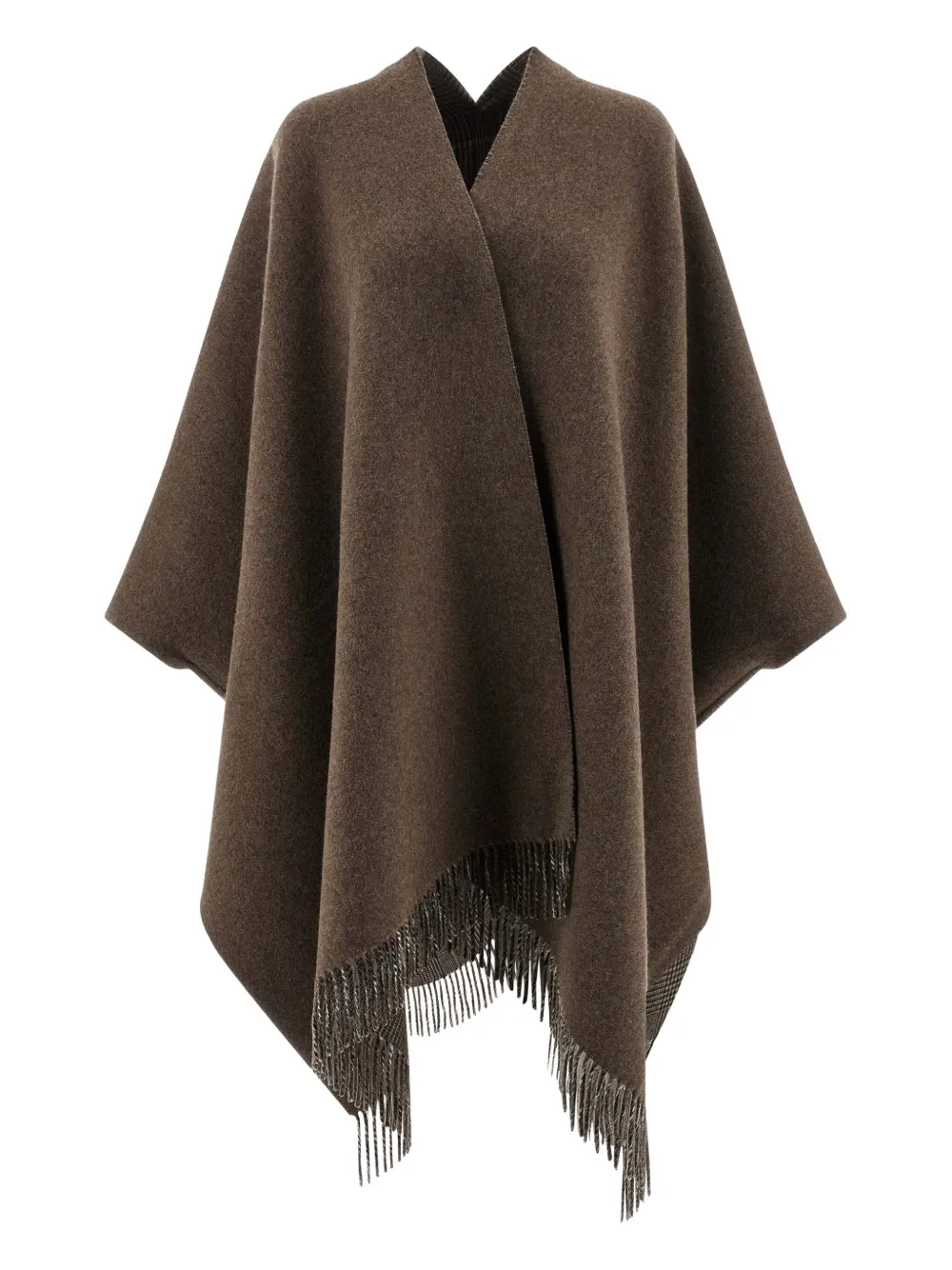 Brunello Cucinelli Prince Of Wales Checked Fringed Poncho In Brown