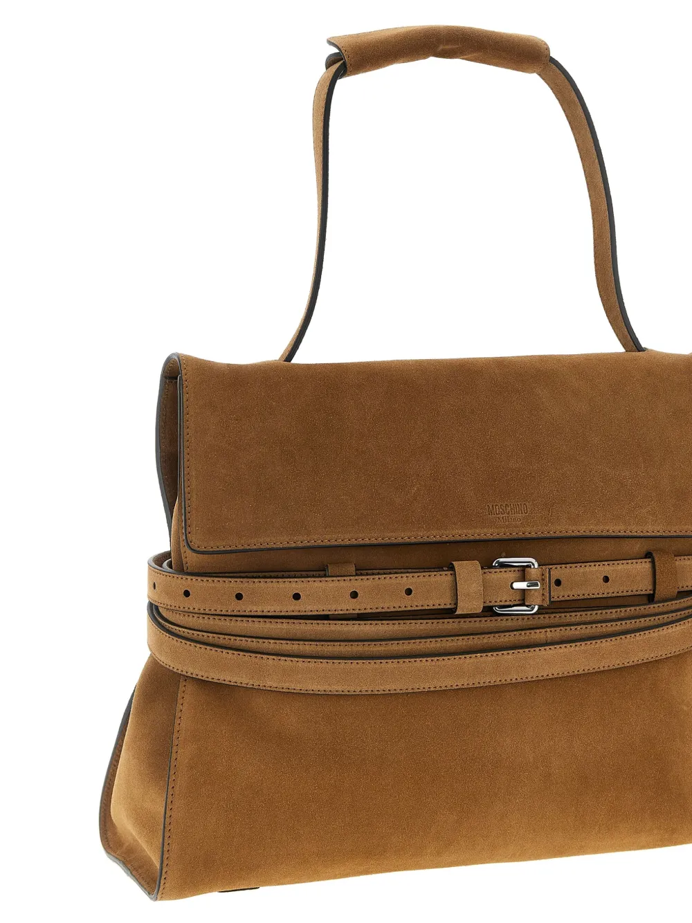 Moschino Medium Tie Me Belt-detail Suede Shoulder Bag In Brown