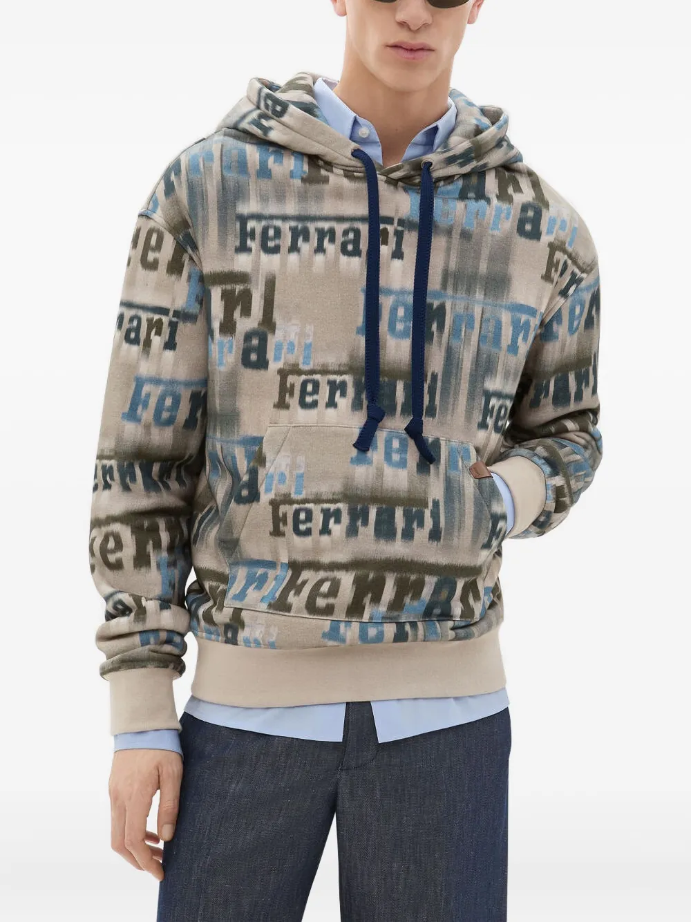 Ferrari Beige Hooded Sweatshirt With All-over Logo Print And Pouch Pocket In Multi