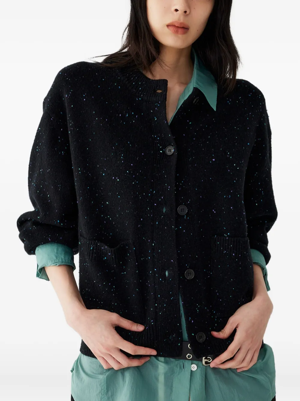 Studio Tomboy Speckled-effect Pocket Cardigan In Black