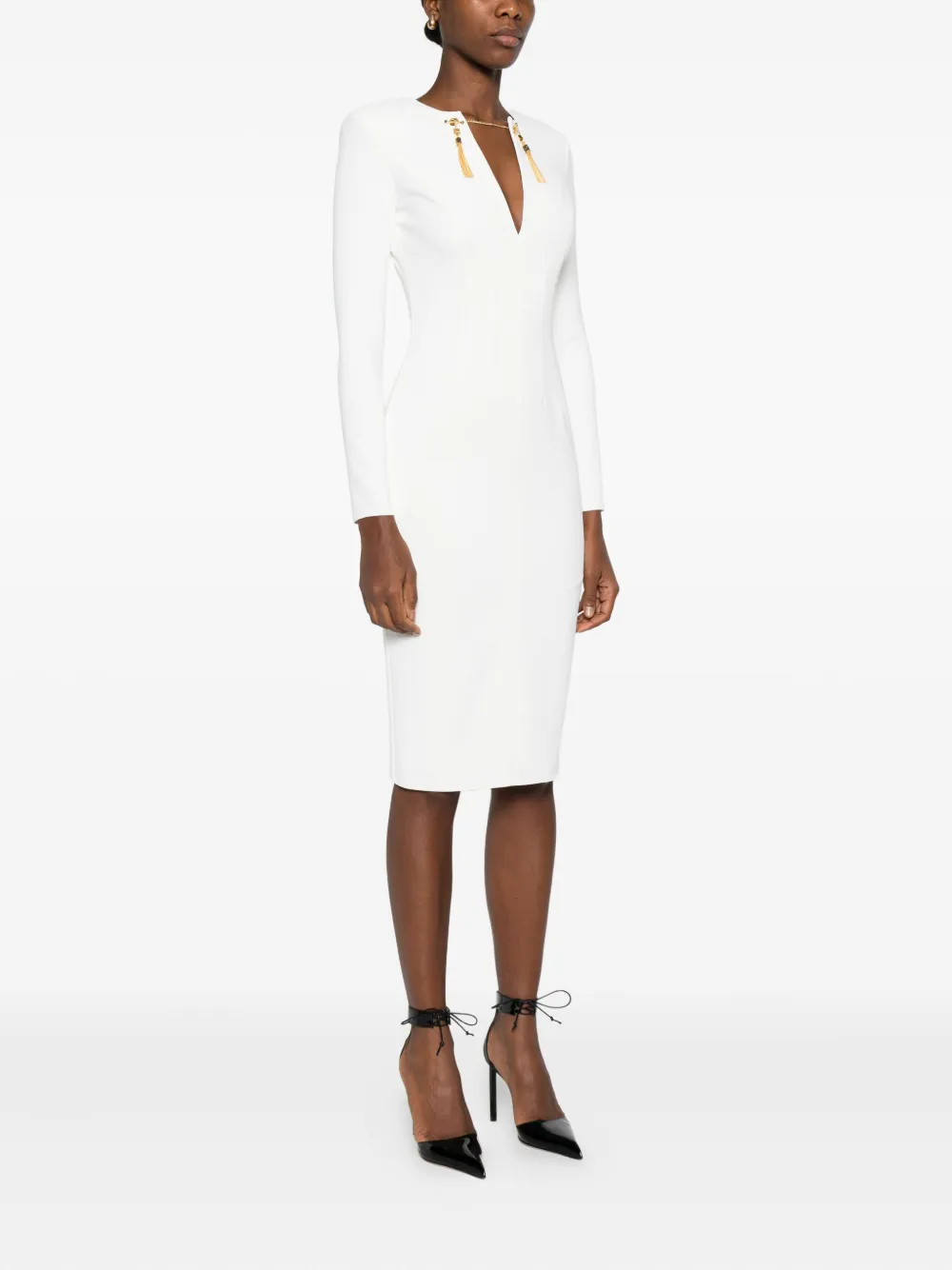 Elisabetta Franchi Fitted Mini Dress With Long Sleeves And Tassels In Multi
