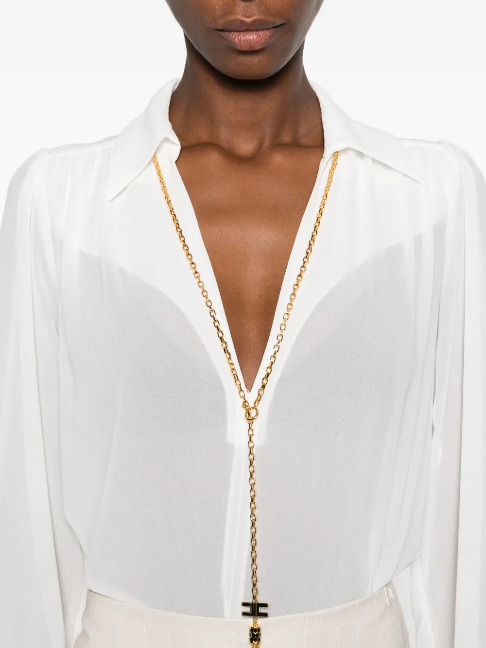 Elisabetta Franchi Chic Long Sleeve Sheer Top With Chain In Gray