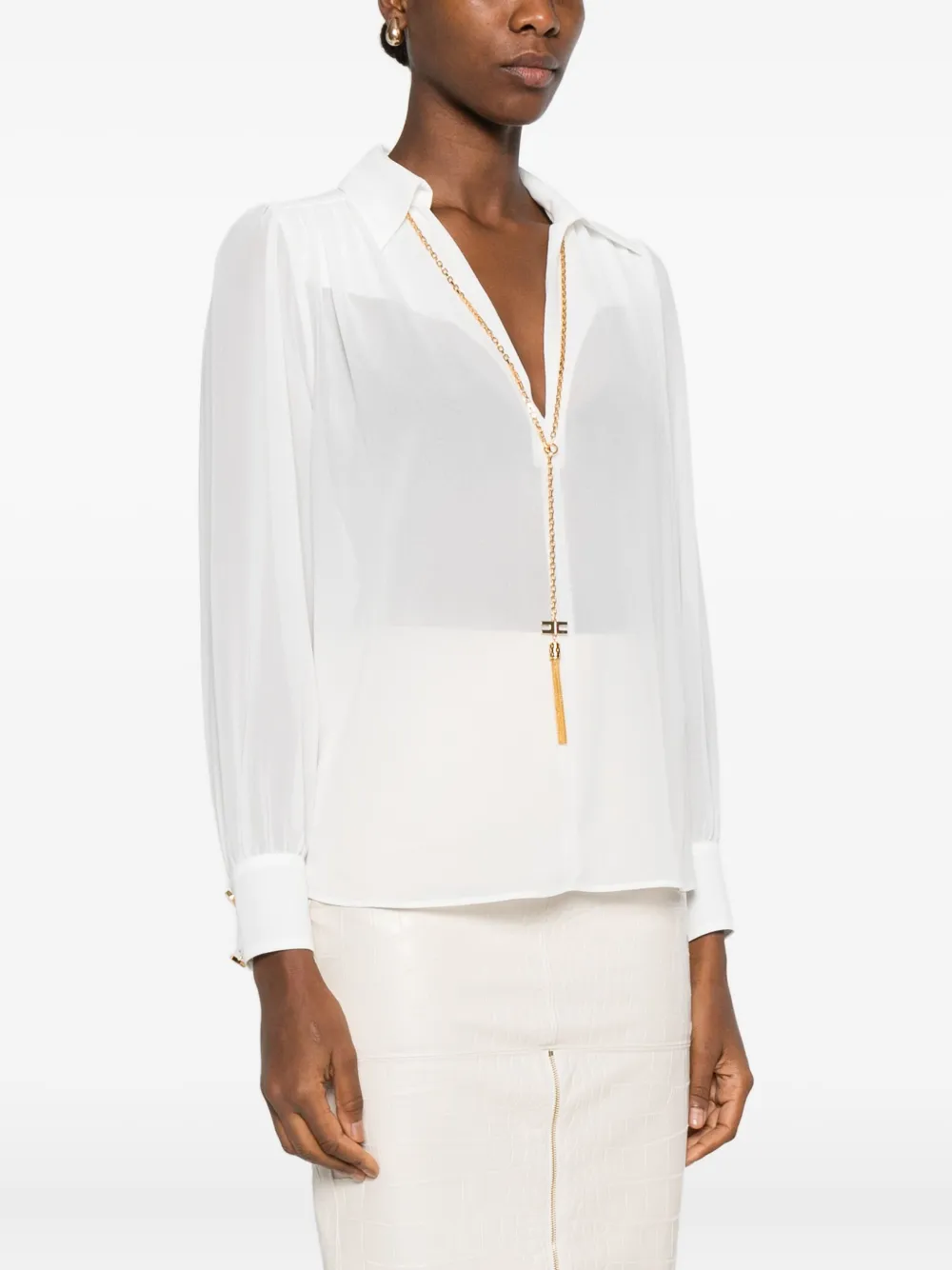 Elisabetta Franchi Chic Long Sleeve Sheer Top With Chain In Gray