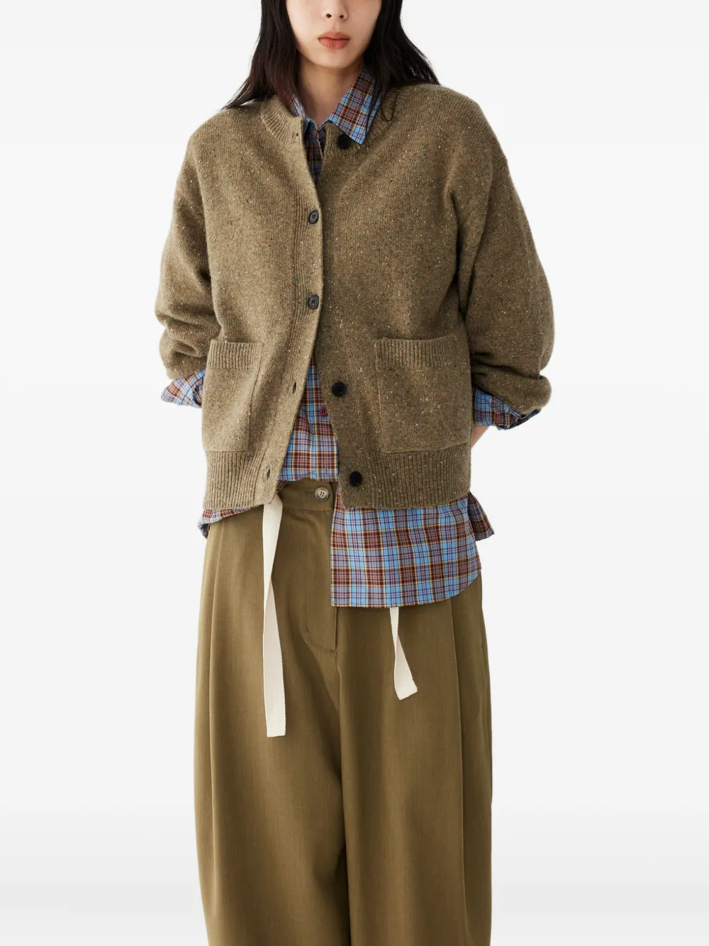  Tomboy Patch-pocket Speckled Cardigan - Green 