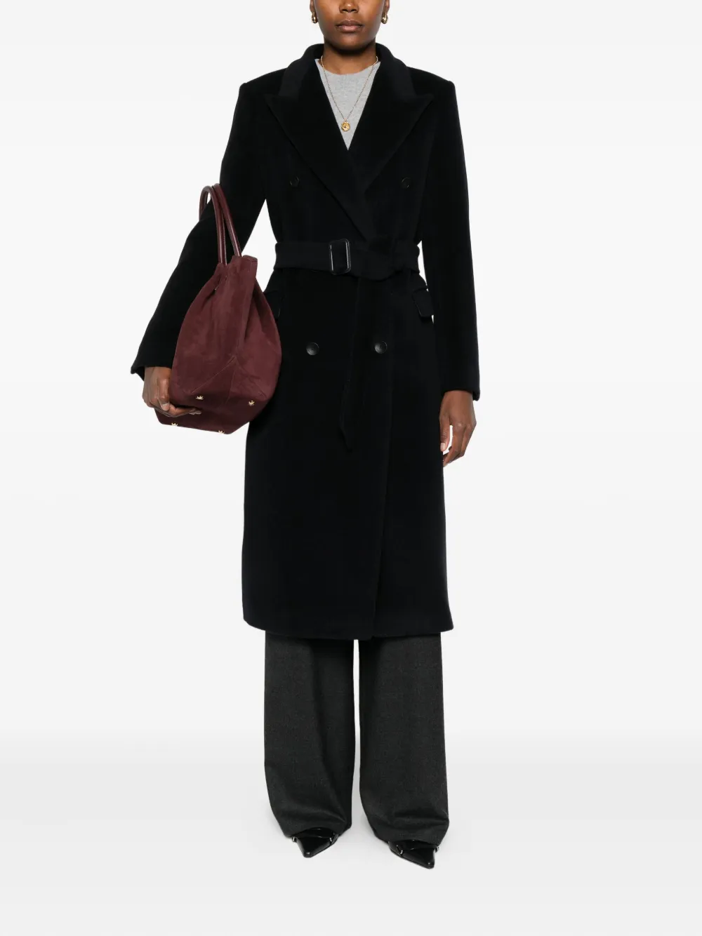 Tagliatore Long Belted Double-breasted Wool Coat In Black