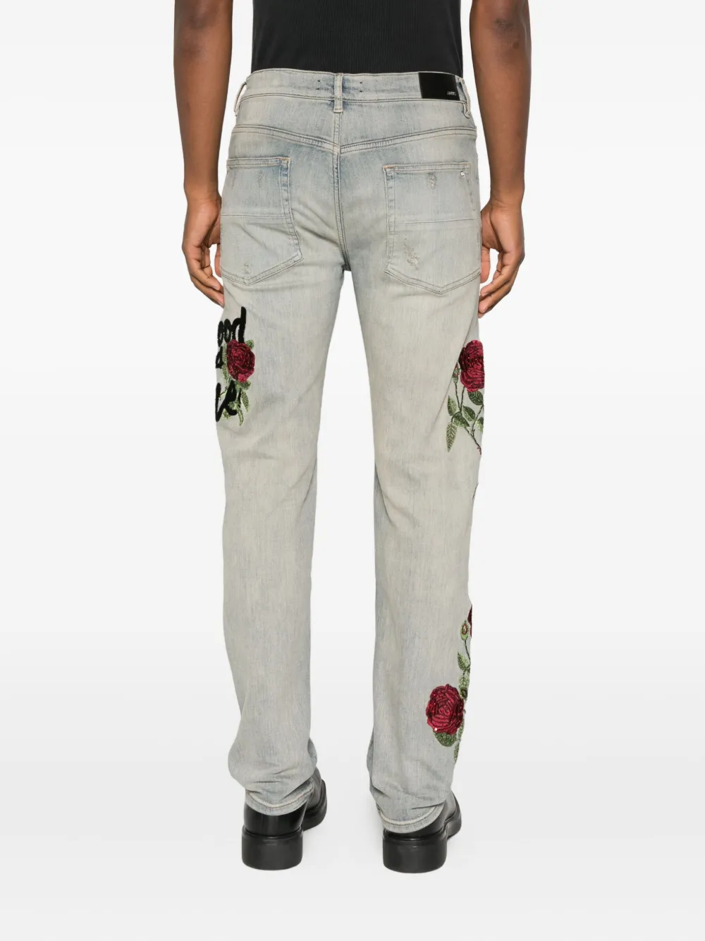 Amiri Rose-embroidered Distressed Jeans In Blue