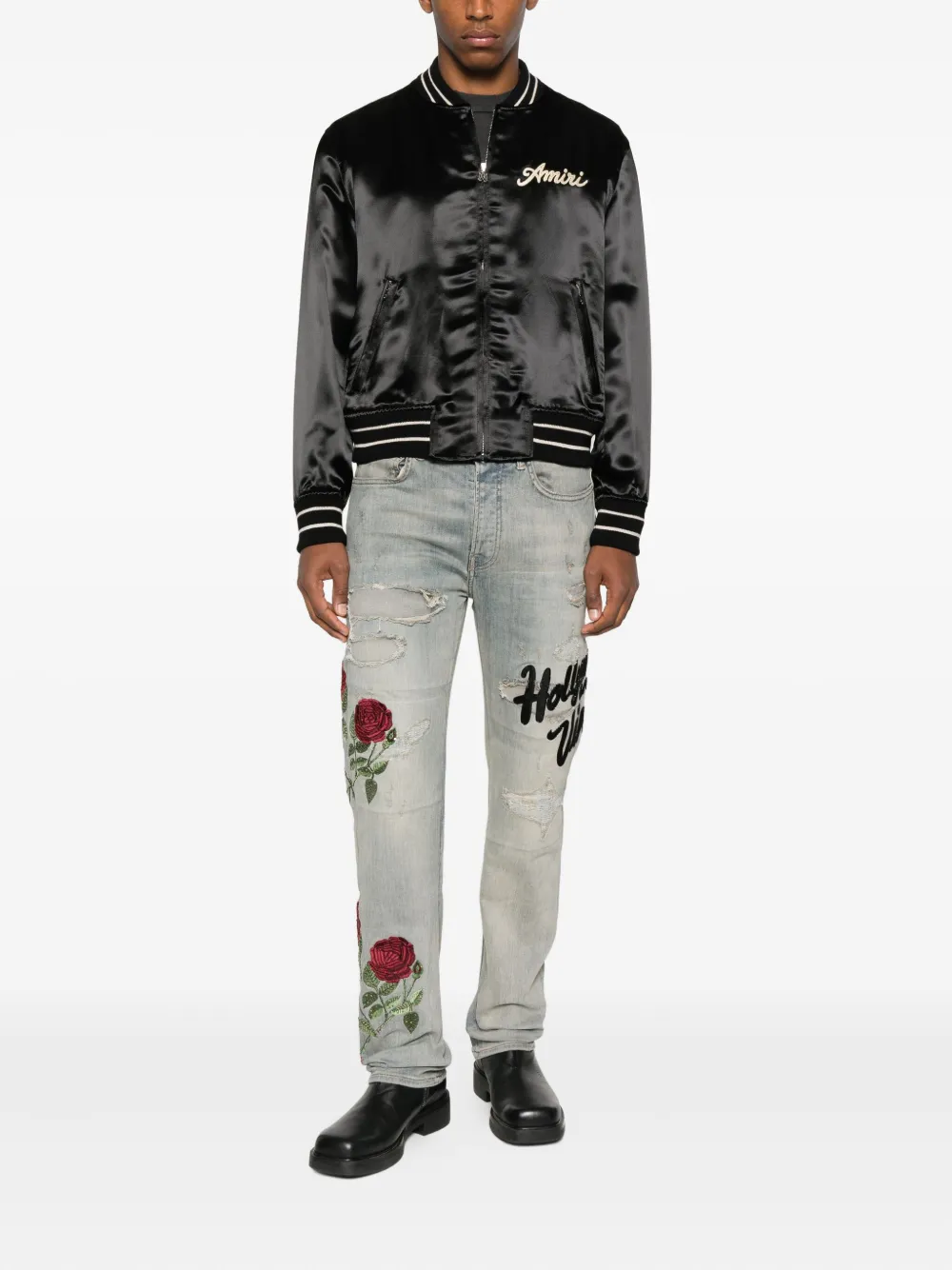 Amiri Rose-embroidered Distressed Jeans In Blue