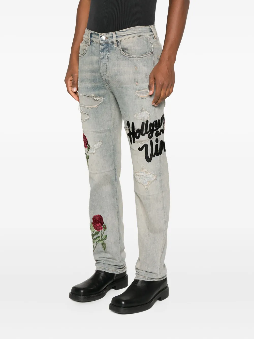 Amiri Rose-embroidered Distressed Jeans In Blue