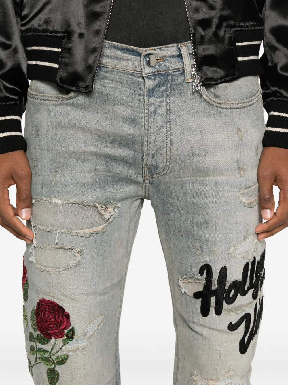 Amiri Rose-embroidered Distressed Jeans In Blue