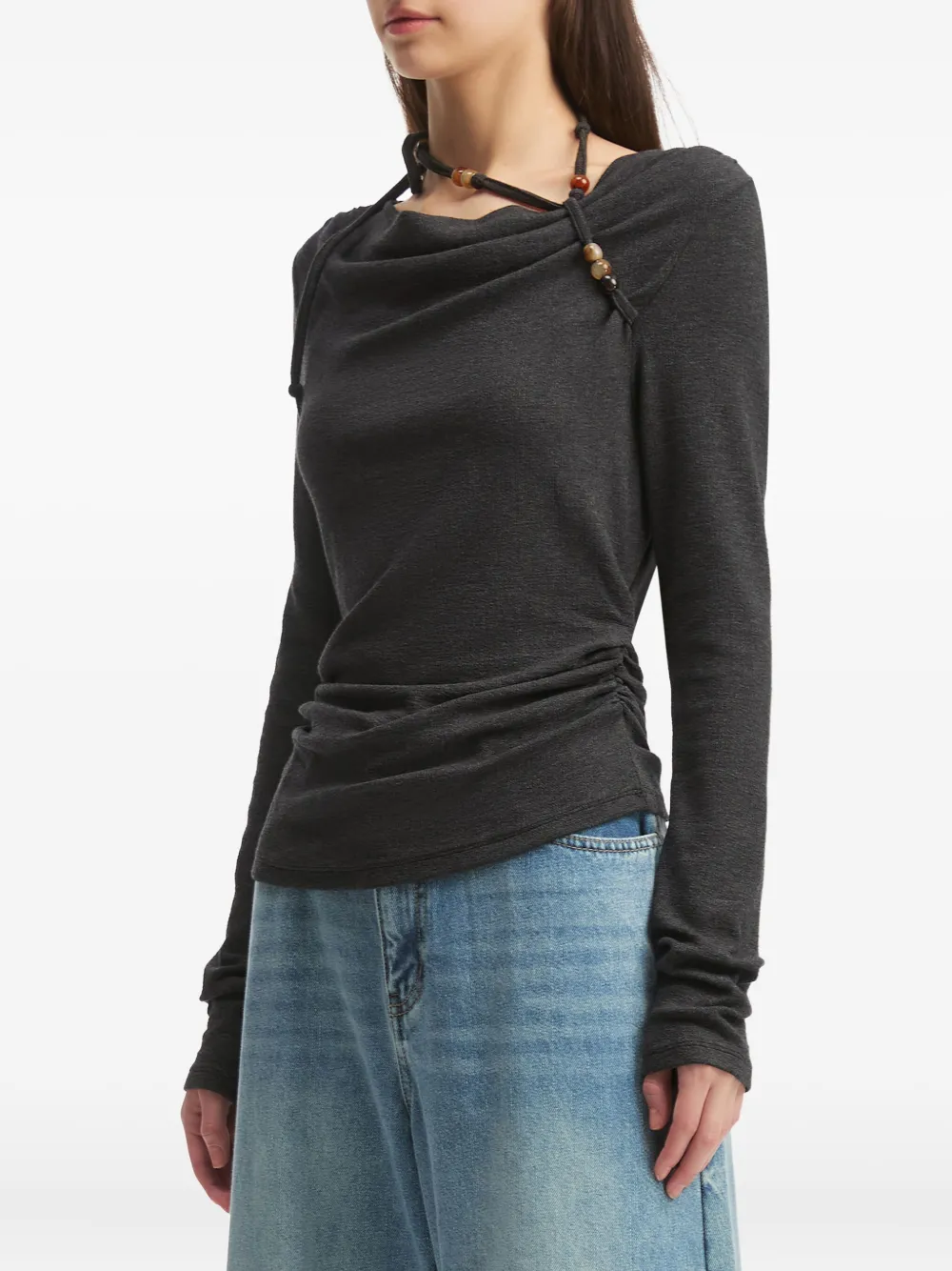 B+ab Draped-neckline Bead-embellished Top In Gray