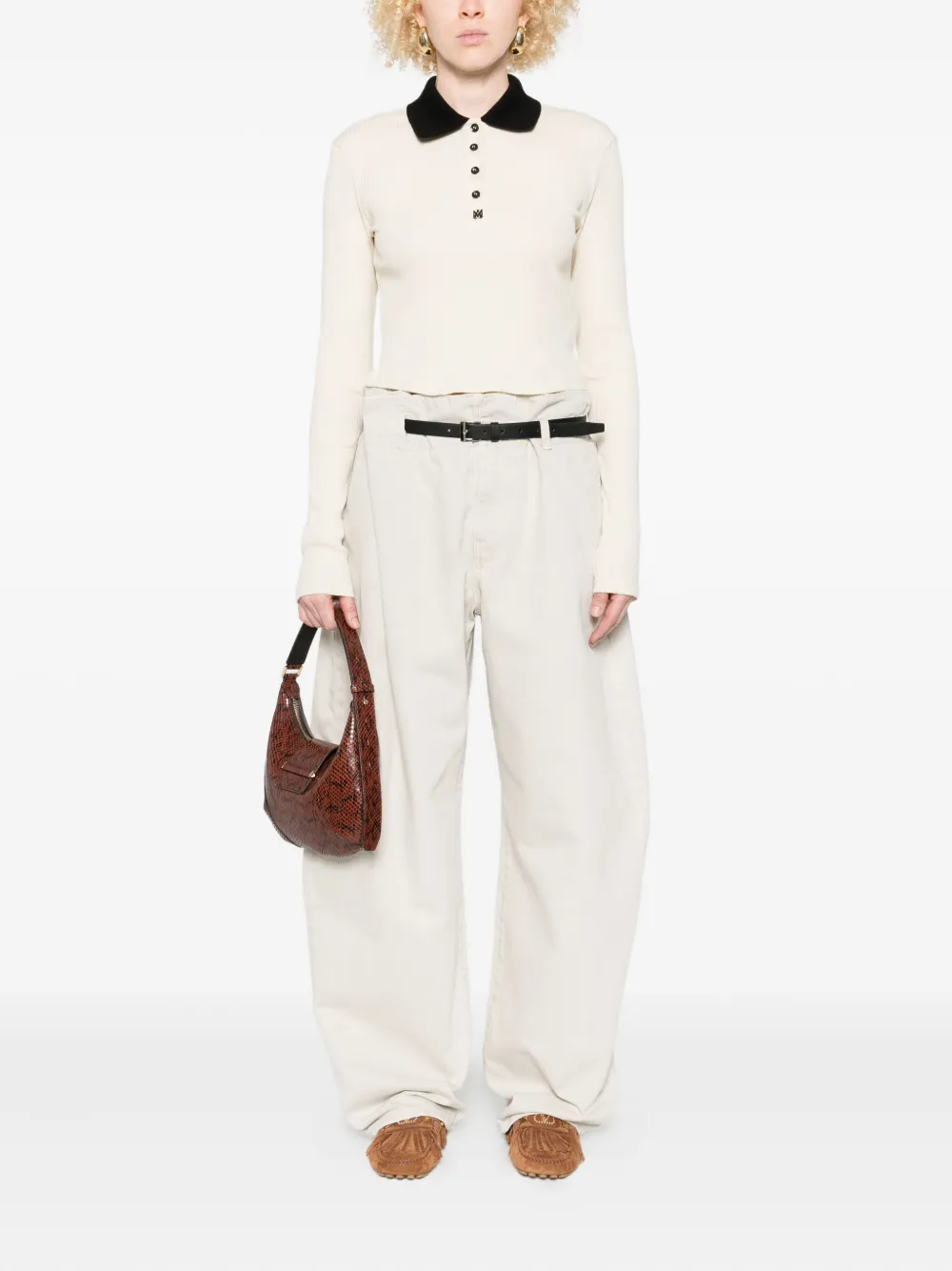 Amiri Ribbed-knit Polo Top In Neutral