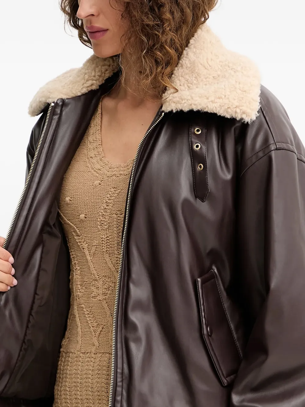 Twinset Zip-up Faux-leather Jacket In Brown