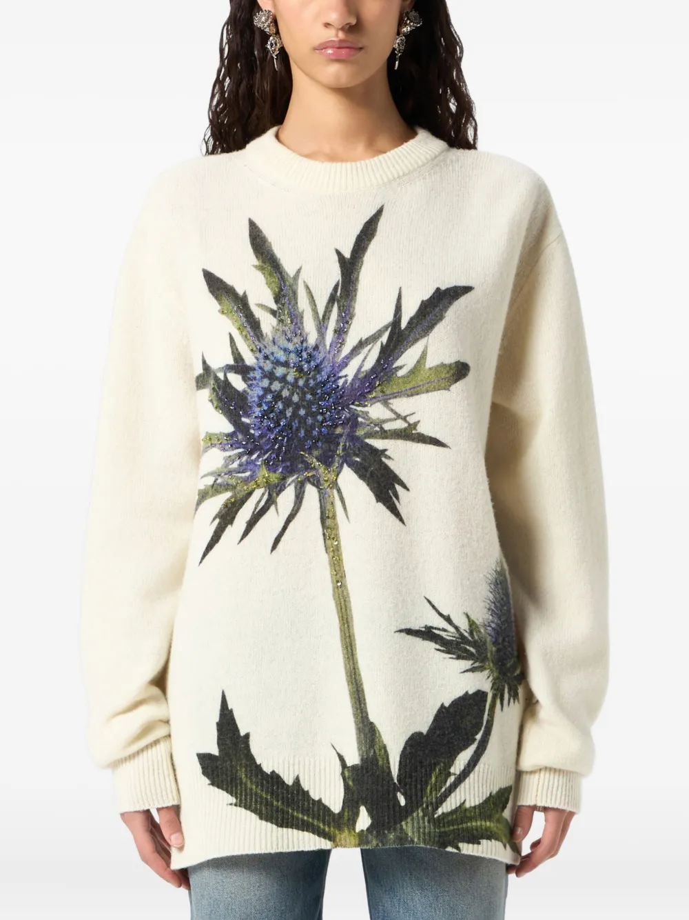Blumarine Floral-motif Crew-neck Sweater In White