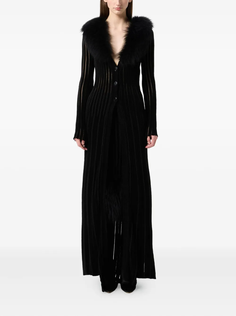 Blumarine Long Cardigan With Fur Collar In Black