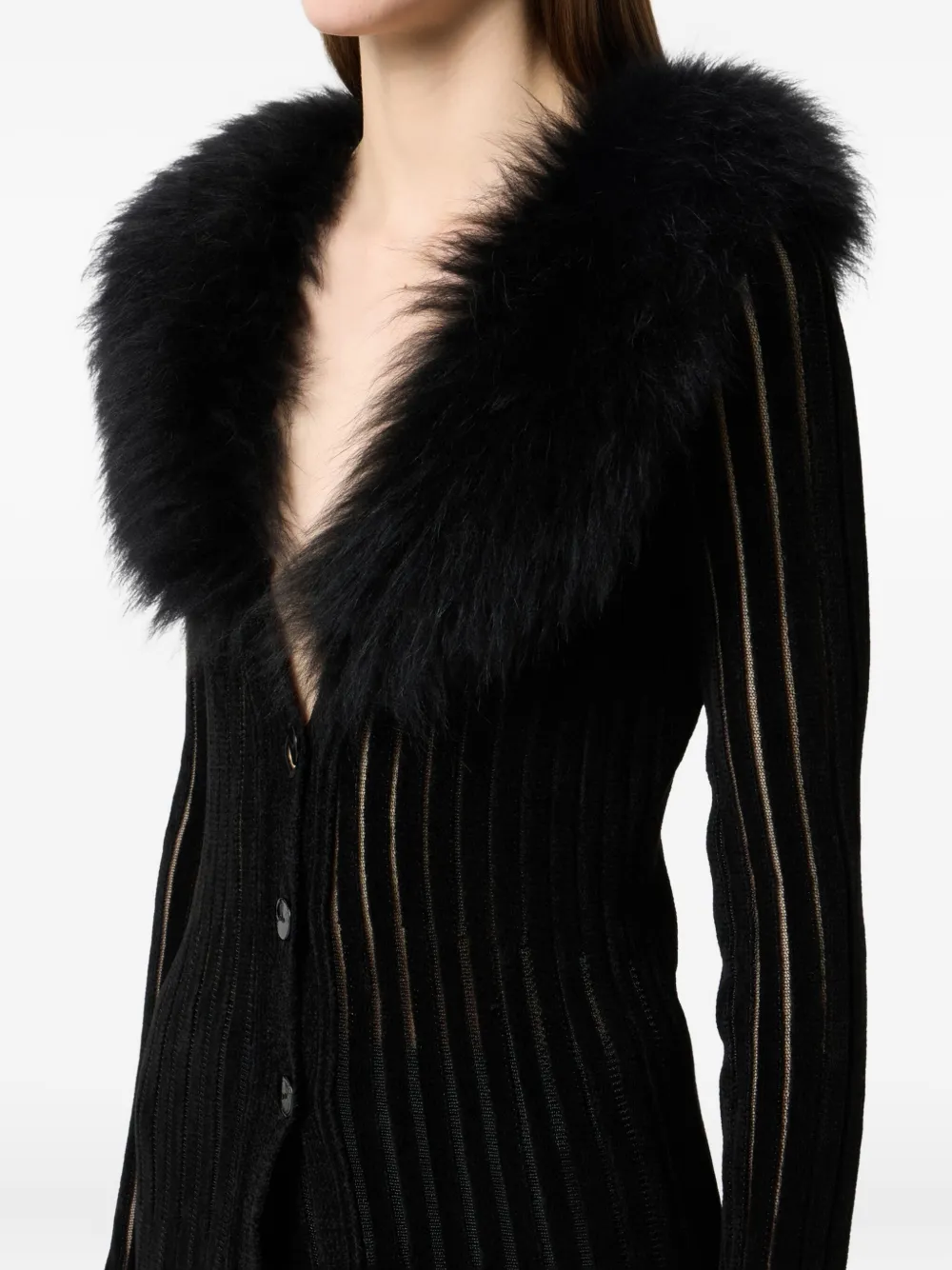 Blumarine Long Cardigan With Fur Collar In Black