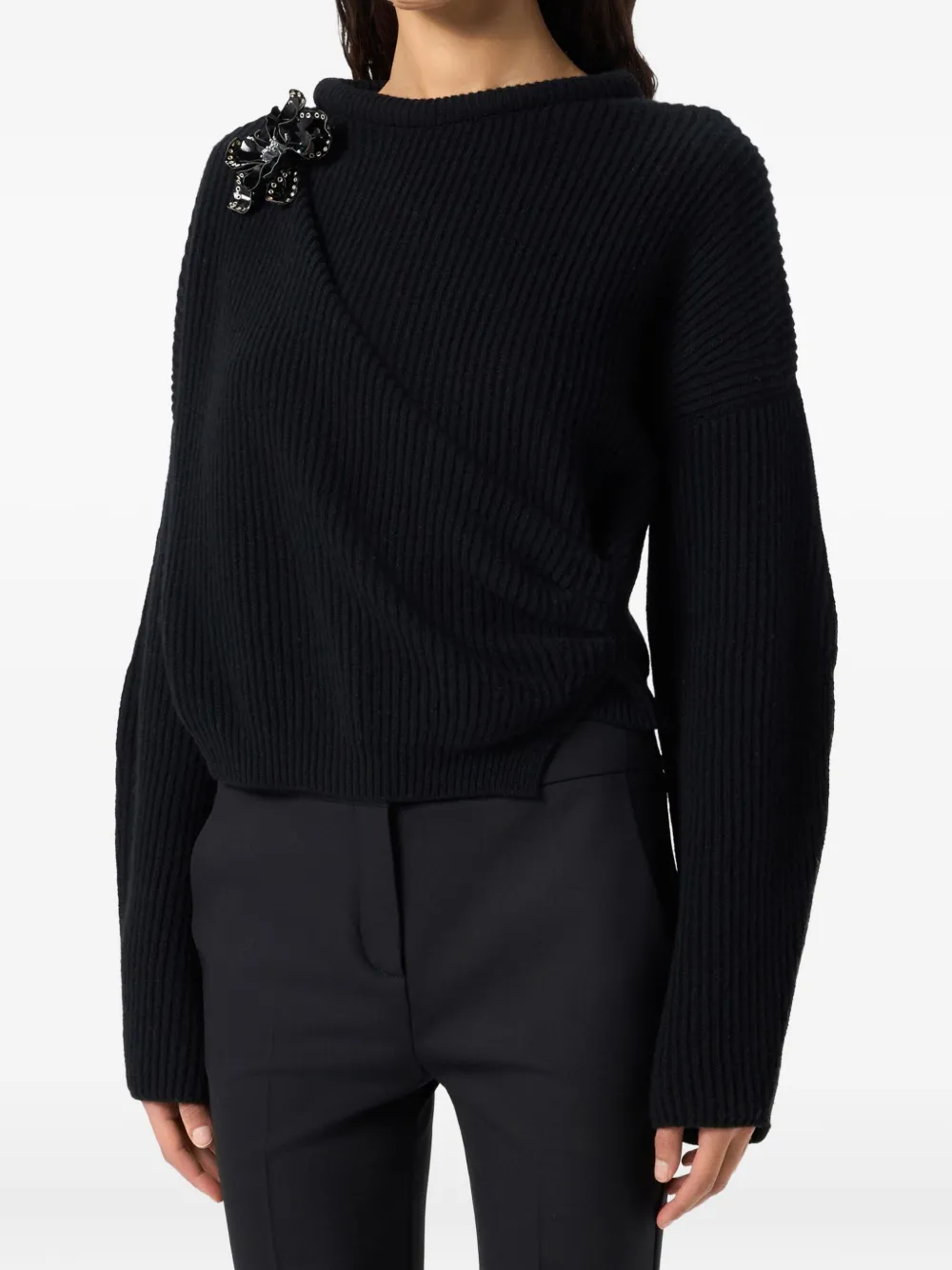 Blumarine Floral-appliqué Ribbed-knit Sweater In Black