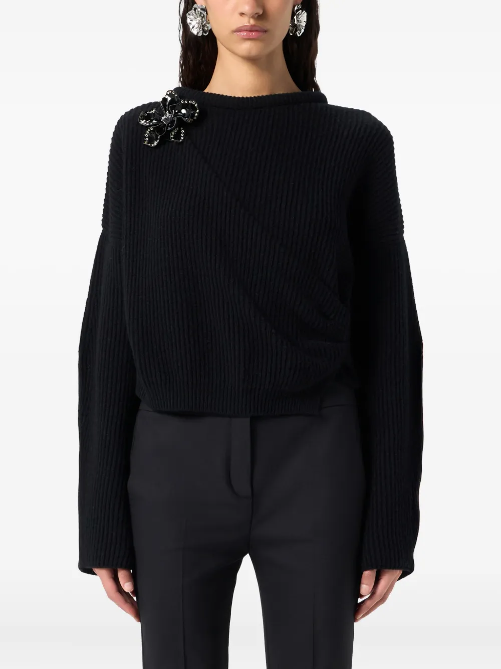 Blumarine Floral-appliqué Ribbed-knit Sweater In Black