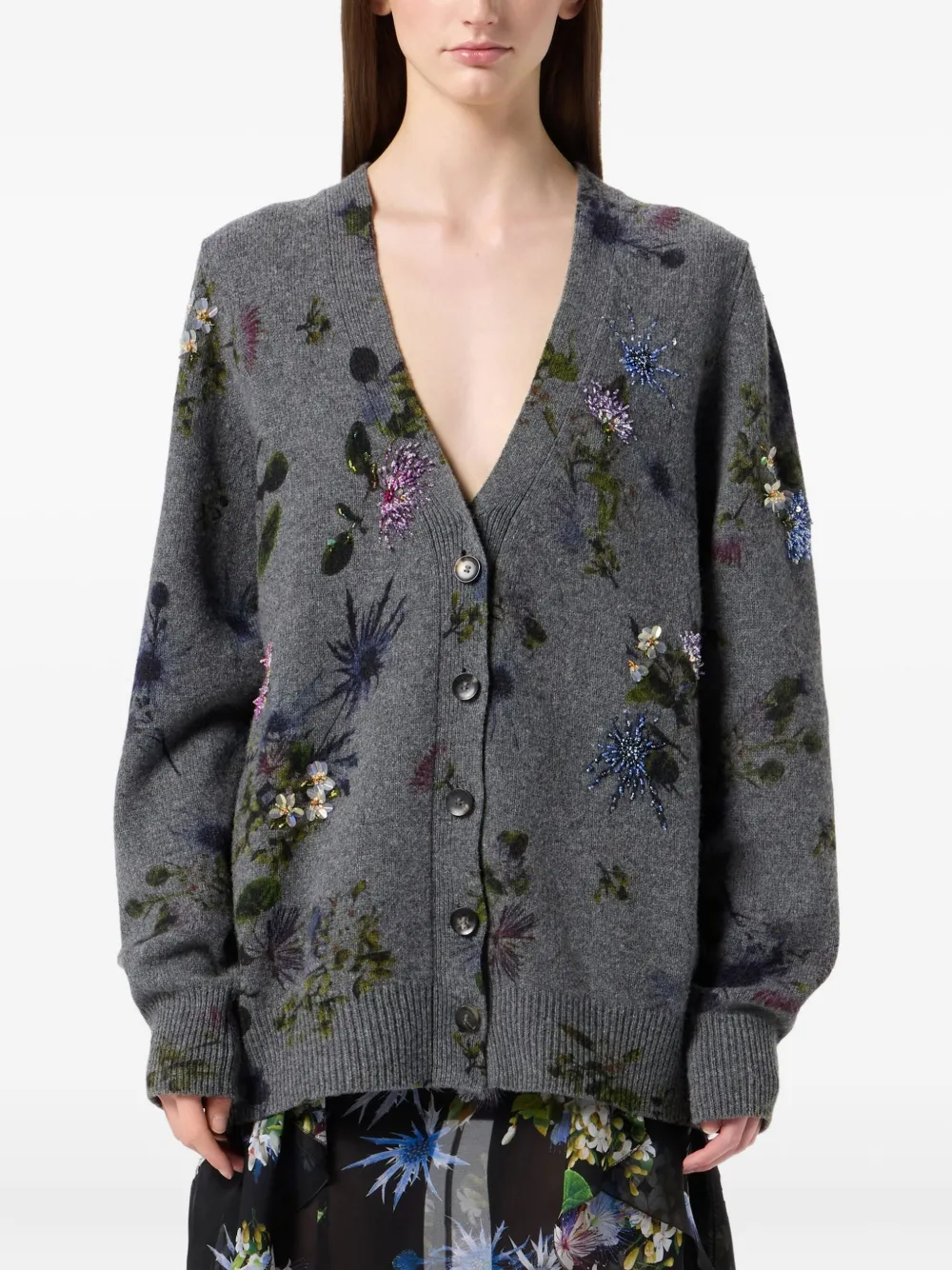 Blumarine Wool Blend Cardigan With Rhinestones In Gray