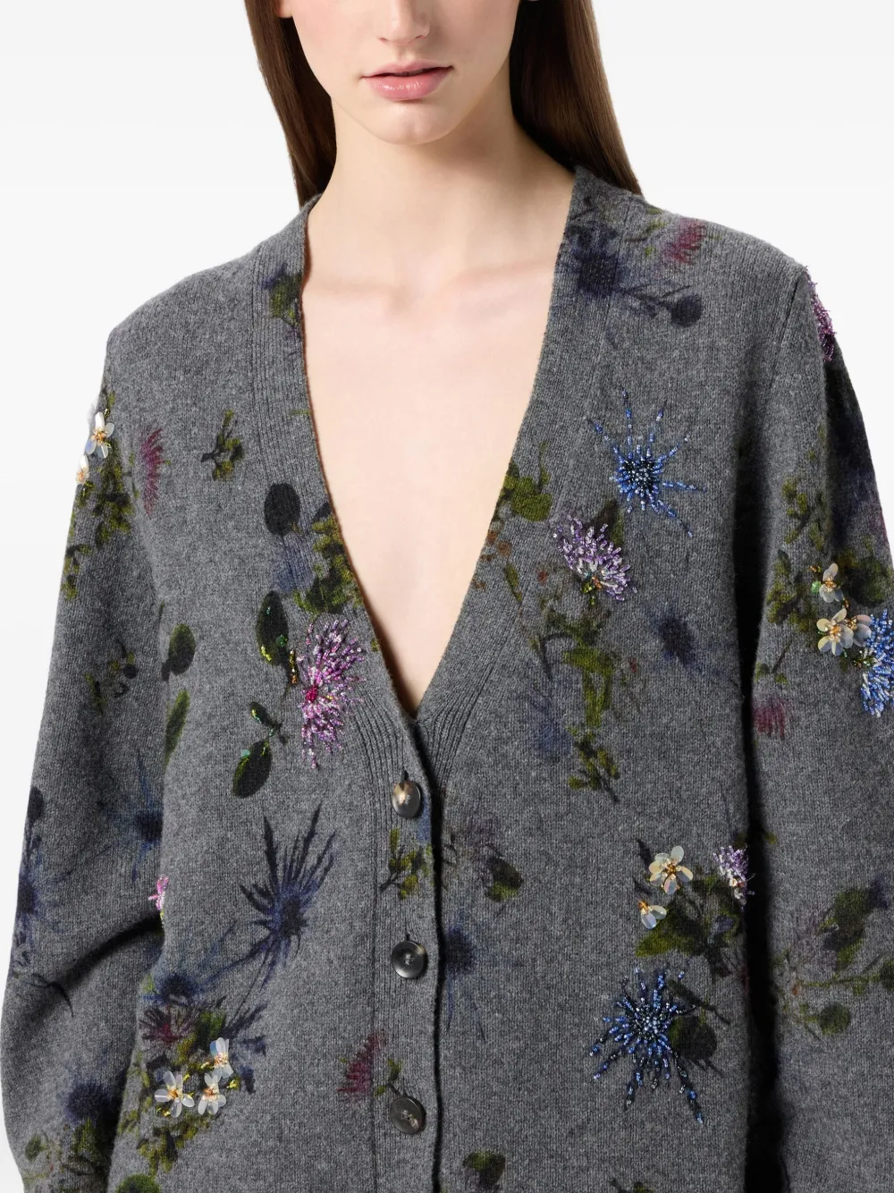 Blumarine Wool Blend Cardigan With Rhinestones In Gray