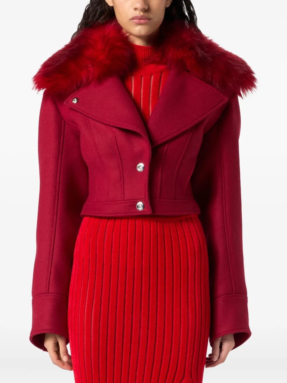 Blumarine Faux-fur-collar Cropped Jacket In Pink