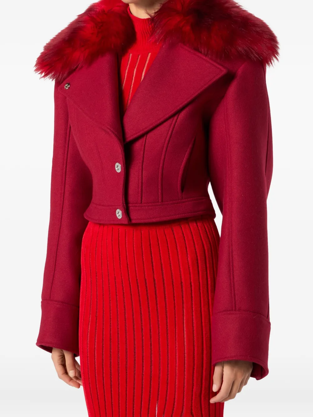 Blumarine Faux-fur-collar Cropped Jacket In Pink