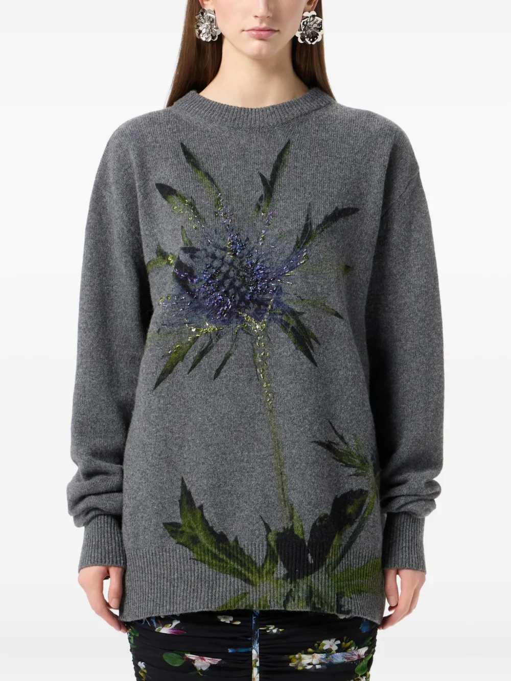 Blumarine Wool Blend Sweater With Rhinestones In Gray