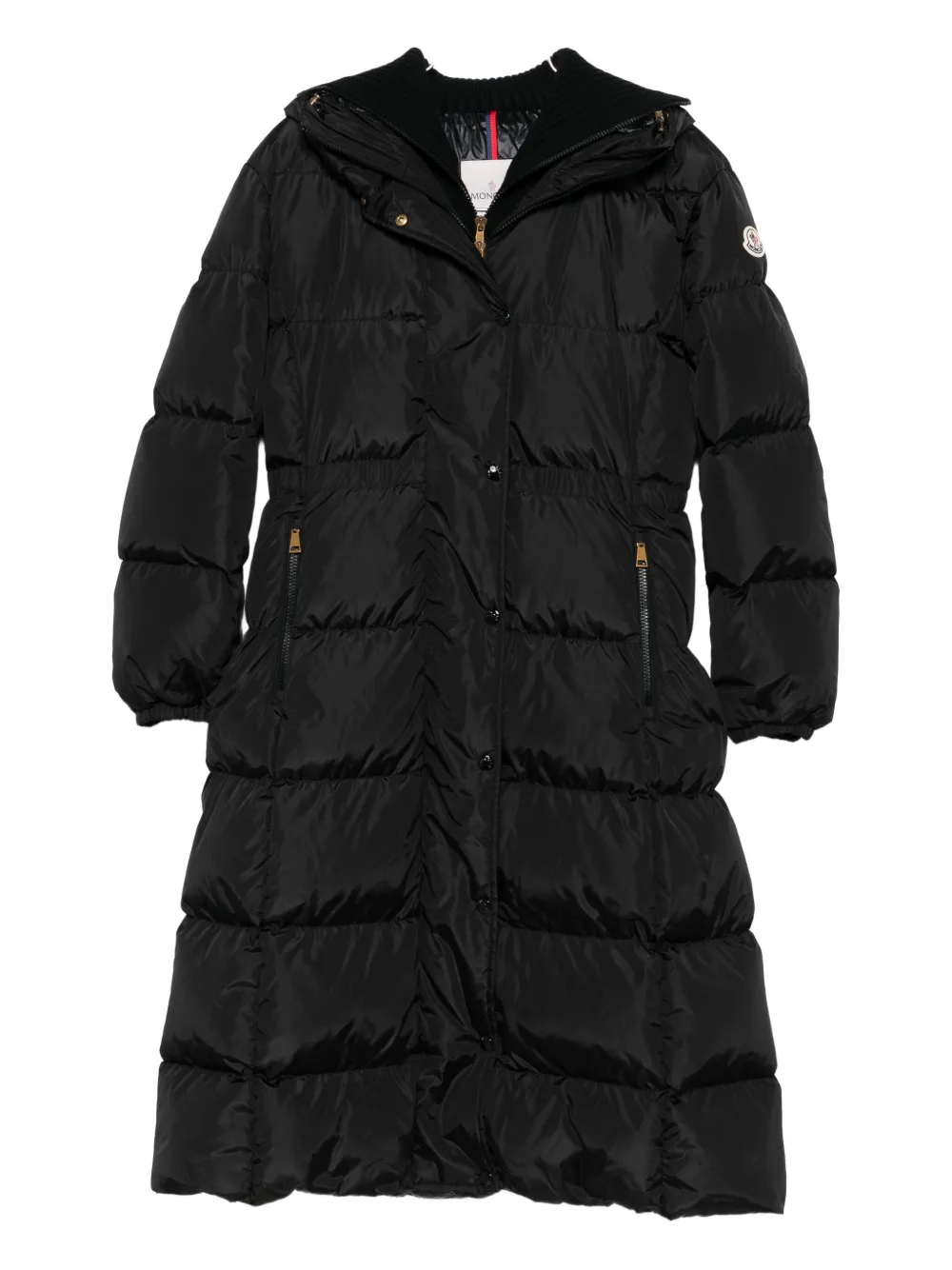 Moncler Long Hooded Quilted Coat Side Pockets In Black